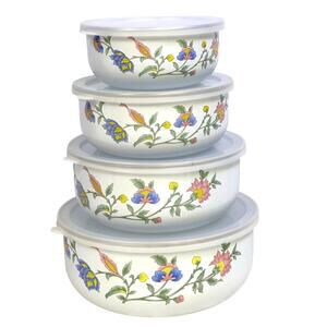 Regency Club Enamelware Vintage 4-PC Floral/Brass Rim Nesting Mixing Bowls w/Lid